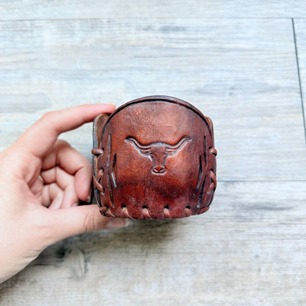 Western Longhorn Leather Cup Holder Handmade Cowboy Ranch Can Cooler Brown
